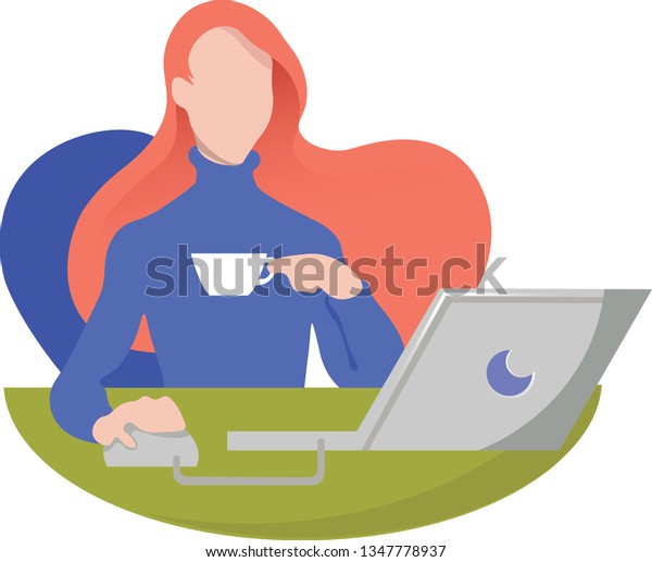 Girl Orange Hair Sitting Desk Laptop Stock Vector Royalty Free