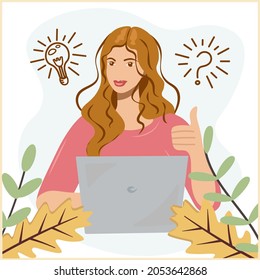 The girl with orange hair works on the computer. She is pleased with the solution of the issue and the idea that has arisen. Thumbs up. Decorative vector illustration with autumn leaves. Flat style.