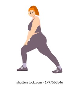 Girl with orange hair. Young woman with pony tail. Isolated on white. Body positive. Healthy lifestyle. Sports and leisure. Doing exercises in purple sportswear. Poster, web and interface design