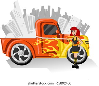 Girl and Orange Pickup truck with bright yellow fire svg