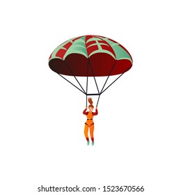 Girl in an orange suit flying with the parachute. Vector illustration in a flat cartoon style.