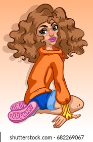 Girl in an orange sweatshirt and blue shorts, vector.