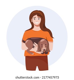 A girl in an orange T-shirt is holding a puppy in her arms. Vector graphics