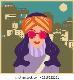 A girl in an orange turban and pink glasses on the background of a night city. Vector illustration