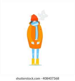 Menina em Laranja Casaco de Inverno Primitivo Vector Plano Isolado Ilustração No Fundo Branco