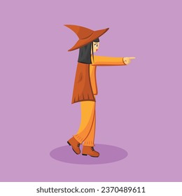 Girl in Orange Witch Outfit Costume, Cute Halloween Vector