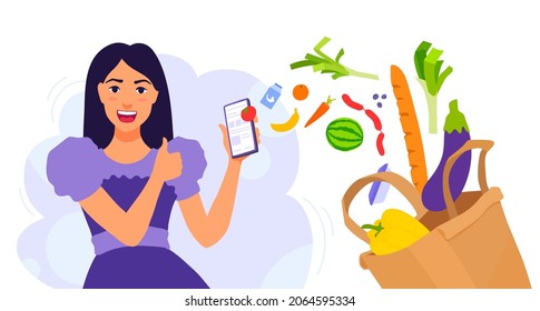A girl order food online with a phone. Groceries delivery mobile app. Buying foodstuff from home. A vector cartoon illustration.