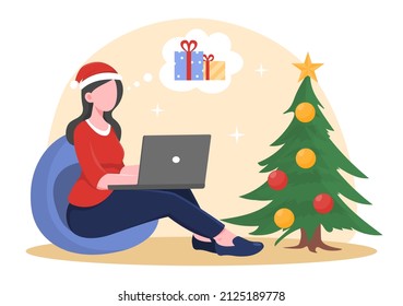 Girl ordering Christmas gifts. Modern technologies and online shopping, New Year and Christmas items. Advertising poster or banner. Woman with laptop at home. Cartoon flat vector illustration