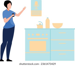 The girl is ordering in the smart kitchen.