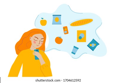 Girl orders food online. Vector illustration in flat style.