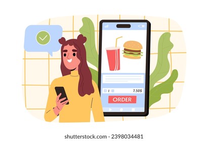 Girl orders food online. Woman with smarthone buy fast food and takeaway eating online. Catering and cafe mobile application. Cartoon flat vector illustration isolated on white background