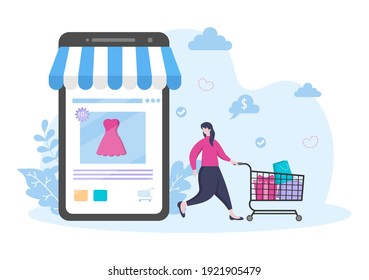 A girl Orders From Smartphone Online Shopping Flat Design for Website Landing Page, Marketing Elements, or E-commerce  Illustration, Web Banner, and Digital Payment 