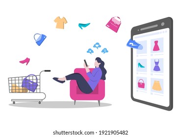 A girl Orders From Smartphone Online Shopping Flat Design for Website Landing Page, Marketing Elements, or E-commerce  Illustration, Web Banner, and Digital Payment 