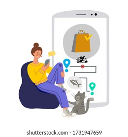 A girl orders from smartphone shopping online fast safe contactless home delivery Concept design flat hand drawn vector illustration. Delivery courier icon with tracking from mobile app online payment