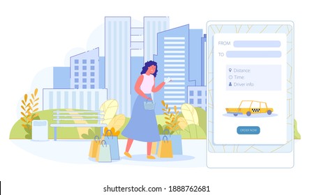 Girl Orders Taxi Application Vector Illustration. After Shopping with Many Packages, Woman Uses Phone to Call Car that will Take her Home. On Phone, she Writes where and where to Take her to.