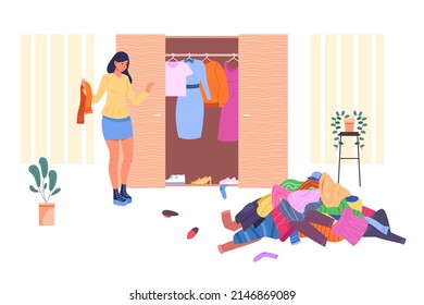 Girl organize closet. Organization cluttered home wardrobe, woman declutter arranged messy fashion cloth, vector illustration. Wardrobe clothing not organize and declutter