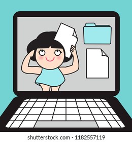 Girl Organizing Files Into Her Head Folder While Standing Inside Laptop Concept Card Character illustration