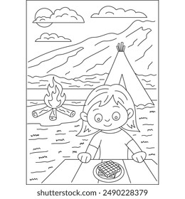 girl outdoor camping coloring book page for kids or grown adults coloring book mindful relaxation activity