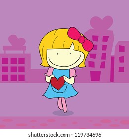 girl outdoor holding heart with hearts buildings