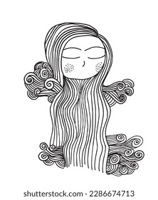 Girl outline illustration vector image. Hand drawn female sketch image artwork. Simple original logo icon from pen drawing sketch.