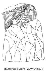 Girl outline illustration vector image. 
Hand drawn woman image artwork. 
Simple cute original logo of a monochrome woman with long hair.
Hand drawn vector illustration for posters, cards, t-shirts.