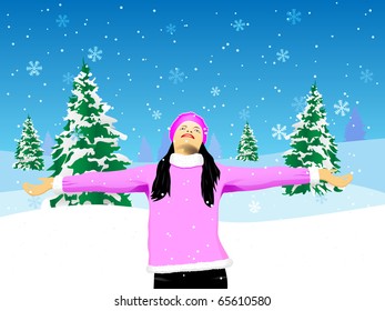 Girl with outstretched arms looking forward snow