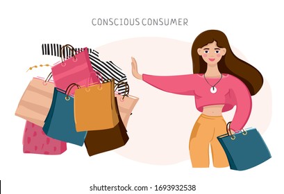 Girl with an outstretched hand against shopping bags. Concept of conscious consumption, green thinking, eco-living. Banner about minimalism lifestyle, concern for the environment. Vector illustration.