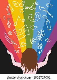 A girl with outstretched hands gives the whole world rainbow emotions. Motivational love background. T shirt print, banner, poster, placard concept design. Vector illustration