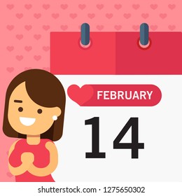 Girl Over Calender Page Happy Valentines Day Greeing Horizontal Banner
