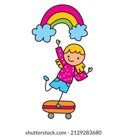 girl over skateboard and rainbow. vector illustration