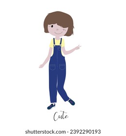 Girl in overall with cute expression and an winkle eye colored illustration in cartoon style. Cute girl vector isolated on white background. Kid drawing style objects.