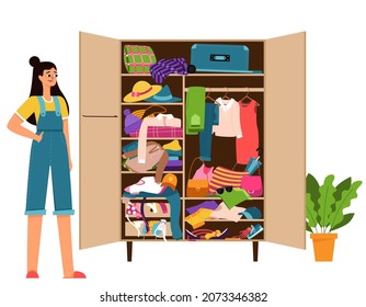 A girl in overalls and a closet from which clothes fall out. A mess, a cluttered wardrobe. Color vector illustration of isolated on a white background.