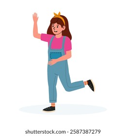 Girl in overalls waving happily while running in a playful manner