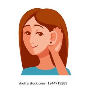 girl overhears. the girl protrudes her ear to hear better.