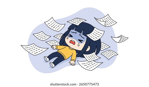 Girl overwhelmed by too much paperwork feeling stressed and exhausted
