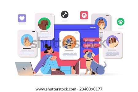 girl owner using pet app on laptop cute dogs best friends domestic animals social media application concept horizontal