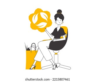 Girl, package with products and eco logo. The concept of reasonable consumption. Linear style. Isolated on white background. Vector illustration.