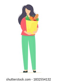 Girl with a package of products and vegetables with fruits in her hands. Vector illustration in flat style.