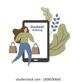 A girl with packages in her hands makes purchases on the Internet by phone. Contactless delivery. Vector illustration.