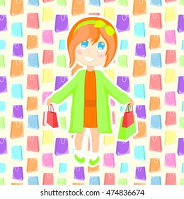 Girl with packages. Seamless pattern with multicolor paper bags. Sale background