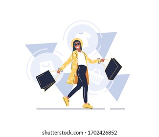 The girl with the packages,Beautiful woman is shopping,Fashionable. Vector illustration in cartoon style