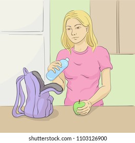 Girl packing a bag with water and apple vector illustration