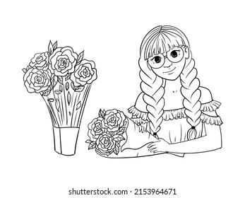 The girl is packing a bouquet of flowers. People are preparing for a birthday party and celebrating the holiday. Preparation for the holiday. Vector illustration isolated on white background.