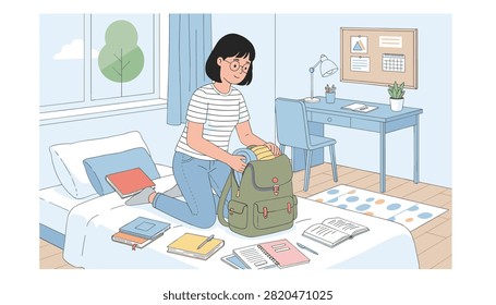 Girl packing green backpack on bed in bedroom with desk and window in background.