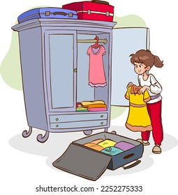 girl packing her clothes cartoon vector 