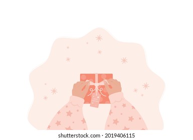 Girl packing present boxes. Get ready for Christmas. Secret Santa. Merry Christmas. Bow. Cute gift box. Present box. Winter. New Year. Invitation. 