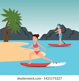 girl pactice surfing and boy training paddle board