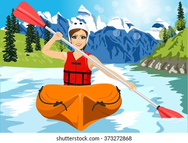 Girl with paddle and kayak on a small river 