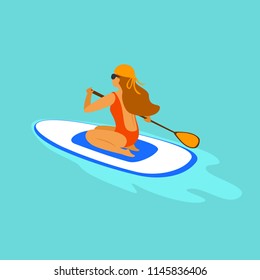 girl paddleboarding, sitting paddling on a board in the sea graphic