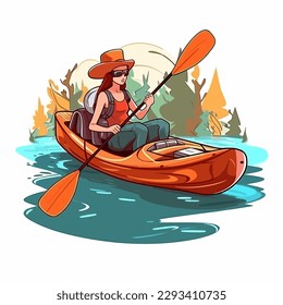 Una chica rema un kayak. Alquiler de kayak. Deportes náuticos. Ilustración vectorial de dibujos animados. etiqueta, pegatina, impresión de camisetas